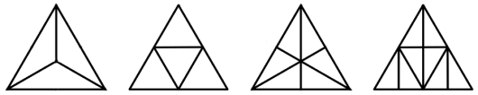 4 likesidede trekanter. Første er delt i tre like store områder ved å trekke rette streker som halverer vinkelen i hvert hjørne inn mot punktet hvor alle møtes. Andre trekant er delt i 4 like områder ved å tegne inn en ny likesidet trekant med hjørner midt på den store trekantens sidekanter. Tredje trekant er delt i 6 like områder ved å nedfelle normalen fra hvert hjørne til motstående sidekant. Siste trekant er som trekant nummer to, men nå er alle 4 områder fra trekant to delt i to like deler hver slik at hele trekanten er inndelt i 8 like store områder. 